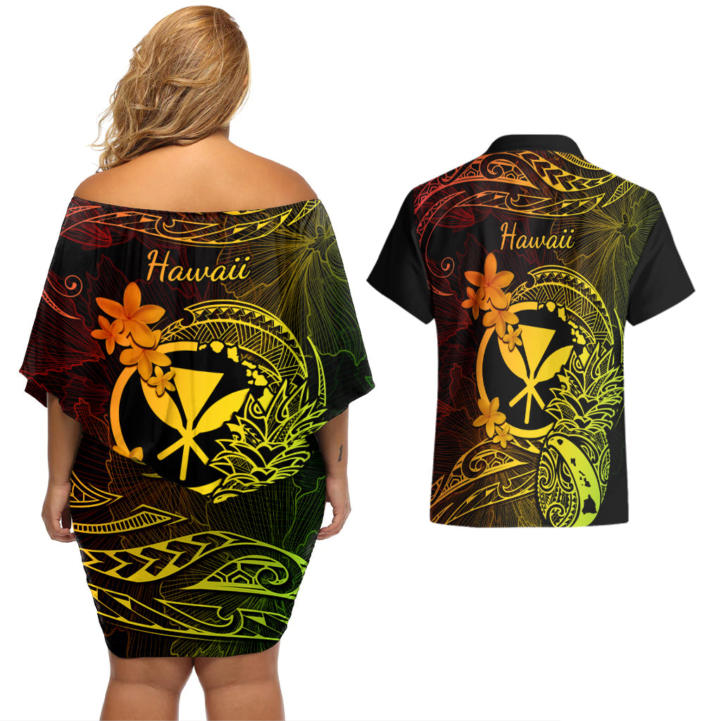 Hawaii Couples Matching Off Shoulder Short Dress and Hawaiian Shirt Pineapple Mix Polynesian Plumeria Reggae Version - Wonder Print Shop
