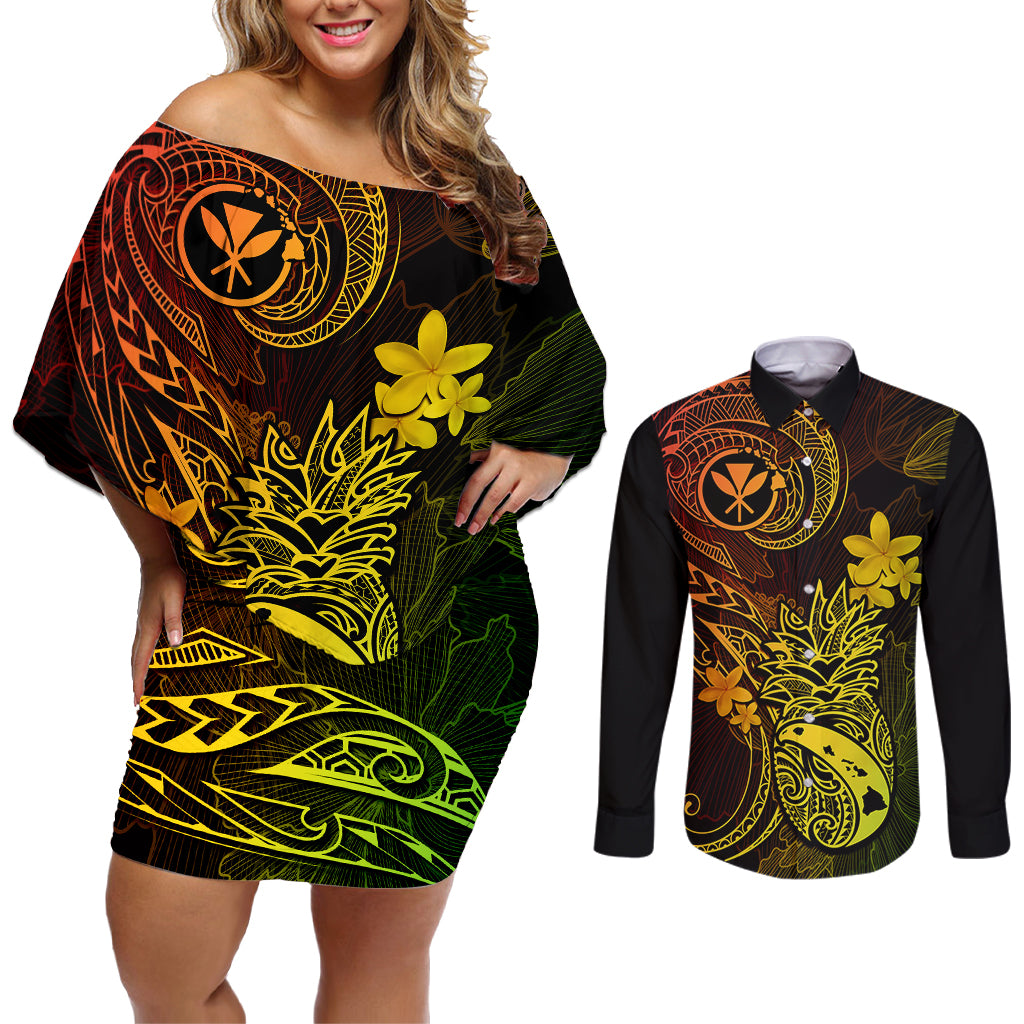 Hawaii Couples Matching Off Shoulder Short Dress and Long Sleeve Button Shirts Pineapple Mix Polynesian Plumeria Reggae Version - Wonder Print Shop