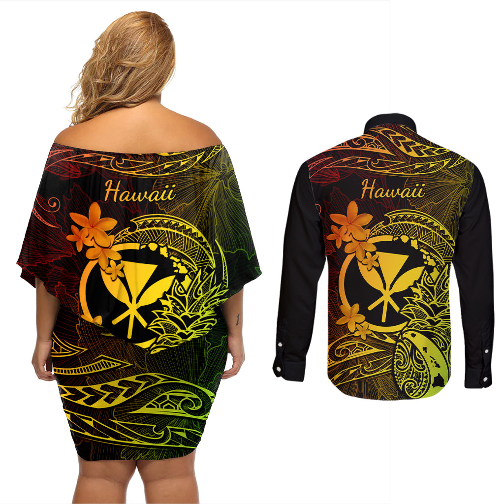 Hawaii Couples Matching Off Shoulder Short Dress and Long Sleeve Button Shirts Pineapple Mix Polynesian Plumeria Reggae Version - Wonder Print Shop