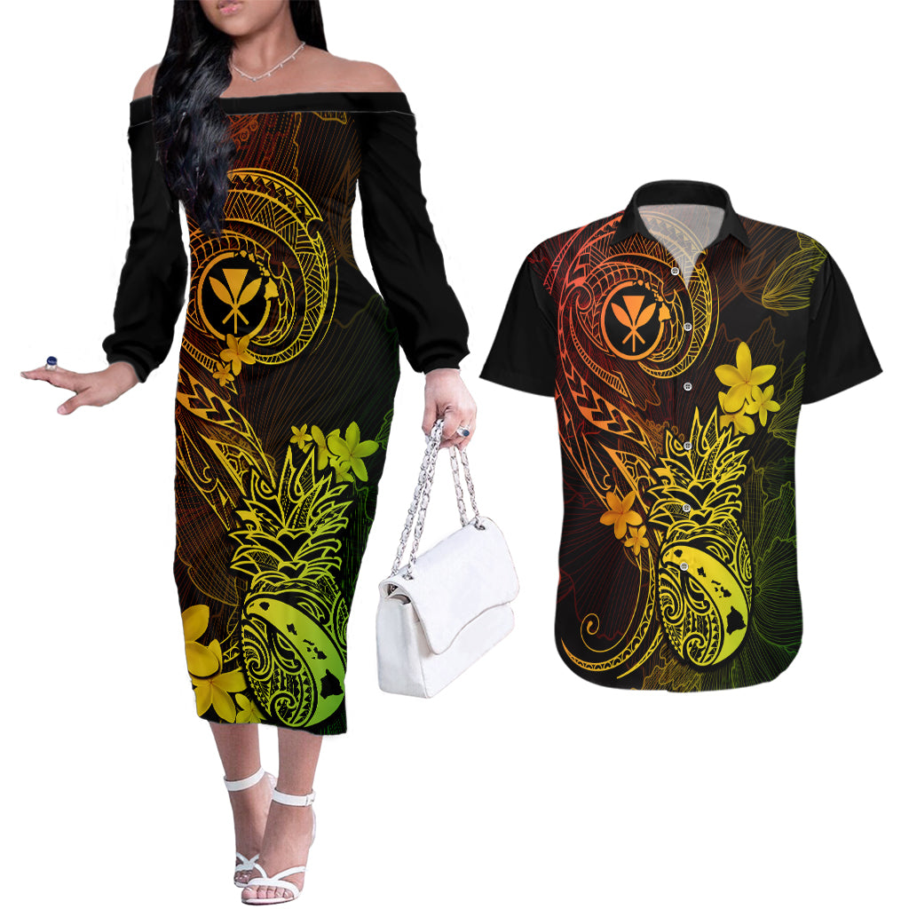 Hawaii Couples Matching Off The Shoulder Long Sleeve Dress and Hawaiian Shirt Pineapple Mix Polynesian Plumeria Reggae Version - Wonder Print Shop