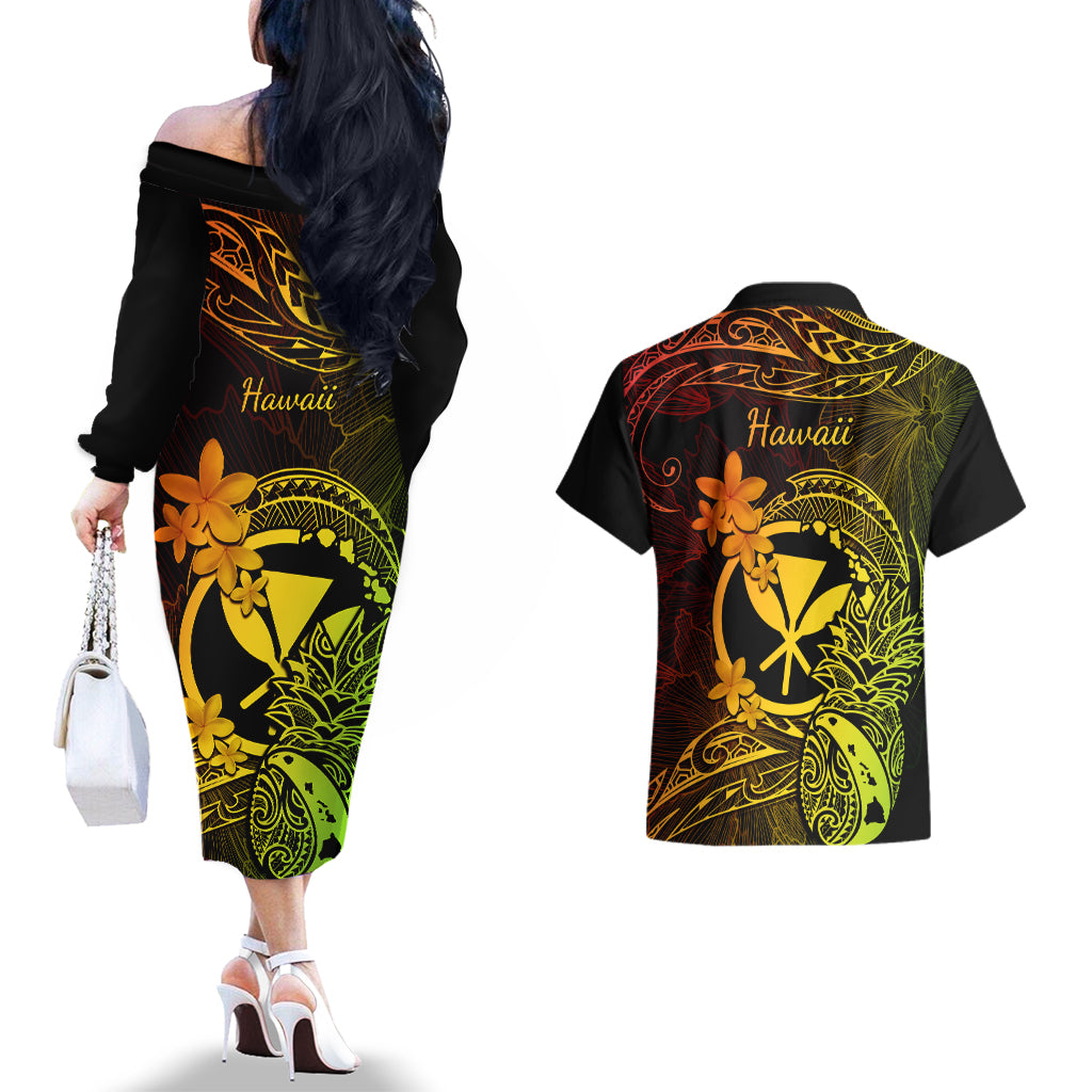 Hawaii Couples Matching Off The Shoulder Long Sleeve Dress and Hawaiian Shirt Pineapple Mix Polynesian Plumeria Reggae Version - Wonder Print Shop