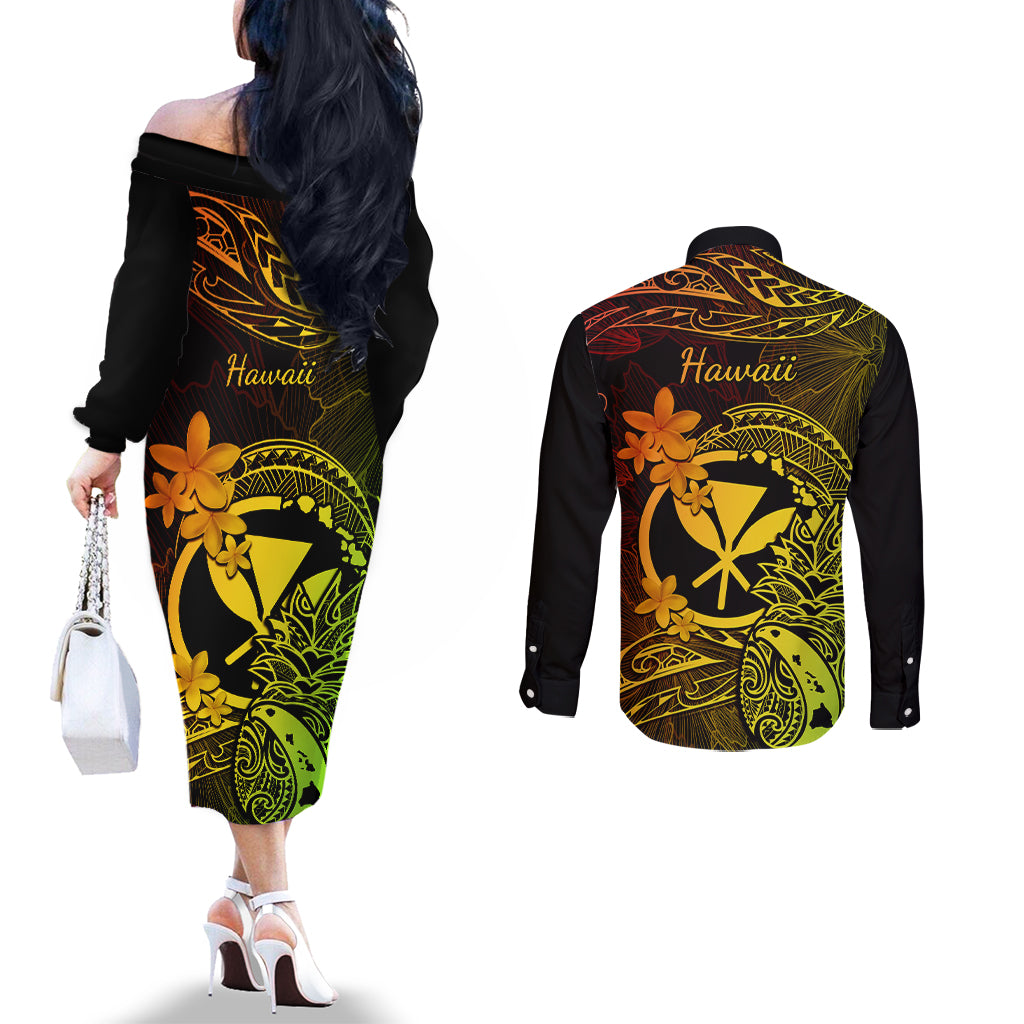 hawaii-couples-matching-off-the-shoulder-long-sleeve-dress-and-long-sleeve-button-shirts-pineapple-mix-polynesian-plumeria-reggae-version