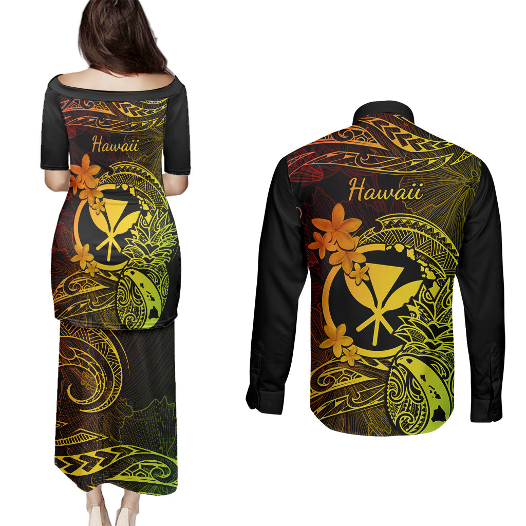 Hawaii Couples Matching Puletasi Dress and Long Sleeve Button Shirts Pineapple Mix Polynesian Plumeria Reggae Version - Wonder Print Shop