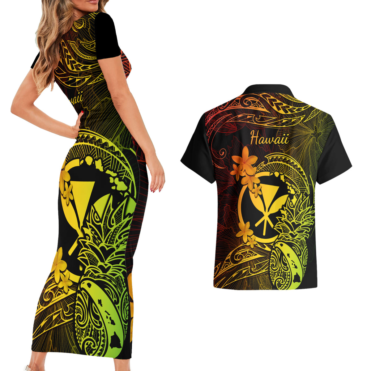 Hawaii Couples Matching Short Sleeve Bodycon Dress and Hawaiian Shirt Pineapple Mix Polynesian Plumeria Reggae Version - Wonder Print Shop