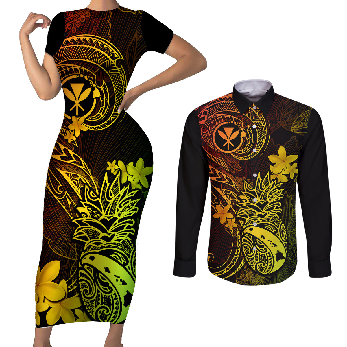 Hawaii Couples Matching Short Sleeve Bodycon Dress and Long Sleeve Button Shirts Pineapple Mix Polynesian Plumeria Reggae Version - Wonder Print Shop