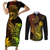 Hawaii Couples Matching Short Sleeve Bodycon Dress and Long Sleeve Button Shirts Pineapple Mix Polynesian Plumeria Reggae Version - Wonder Print Shop