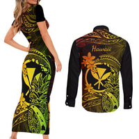 Hawaii Couples Matching Short Sleeve Bodycon Dress and Long Sleeve Button Shirts Pineapple Mix Polynesian Plumeria Reggae Version - Wonder Print Shop