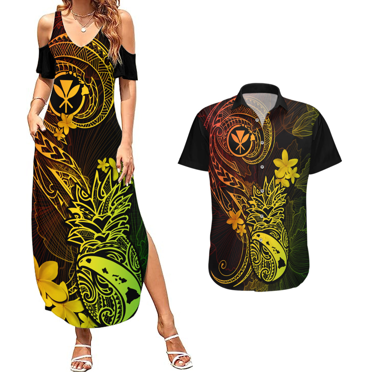 Hawaii Couples Matching Summer Maxi Dress and Hawaiian Shirt Pineapple Mix Polynesian Plumeria Reggae Version - Wonder Print Shop