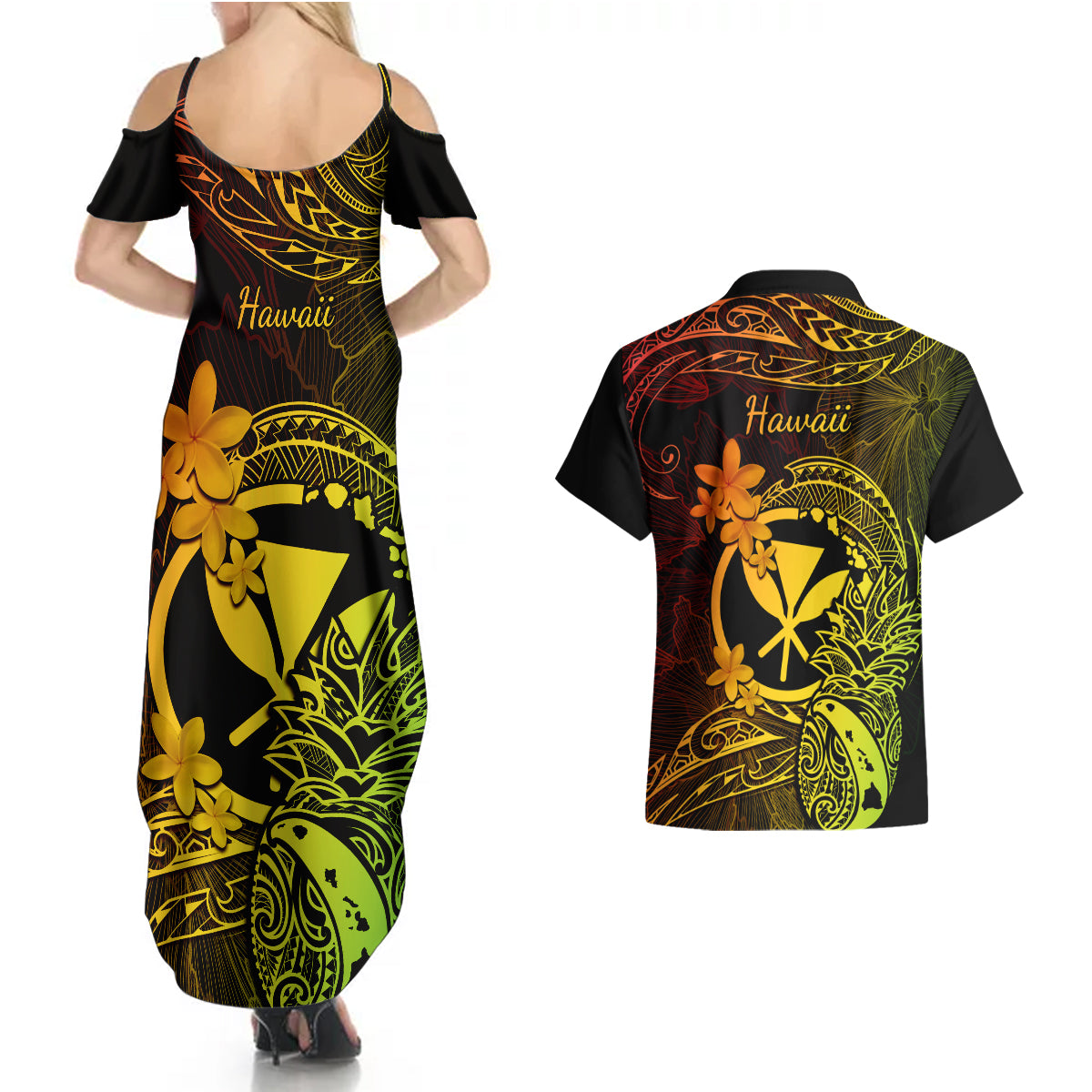 Hawaii Couples Matching Summer Maxi Dress and Hawaiian Shirt Pineapple Mix Polynesian Plumeria Reggae Version - Wonder Print Shop