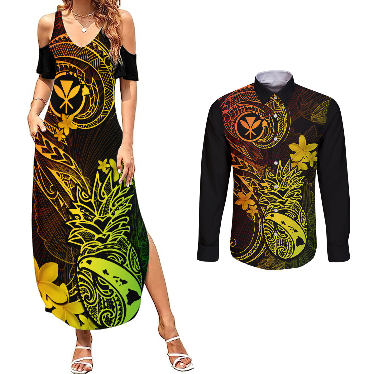 Hawaii Couples Matching Summer Maxi Dress and Long Sleeve Button Shirts Pineapple Mix Polynesian Plumeria Reggae Version - Wonder Print Shop