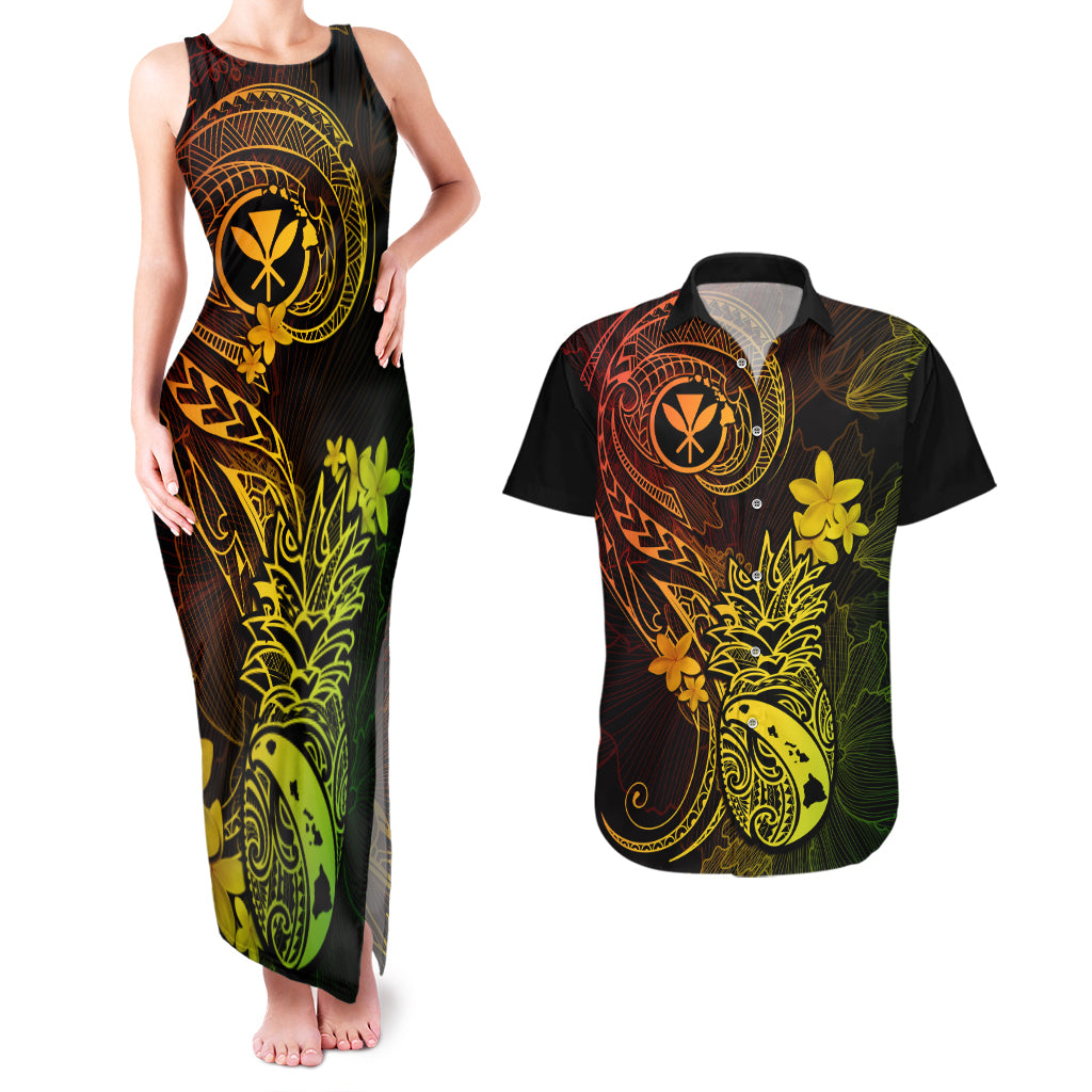 Hawaii Couples Matching Tank Maxi Dress and Hawaiian Shirt Pineapple Mix Polynesian Plumeria Reggae Version - Wonder Print Shop