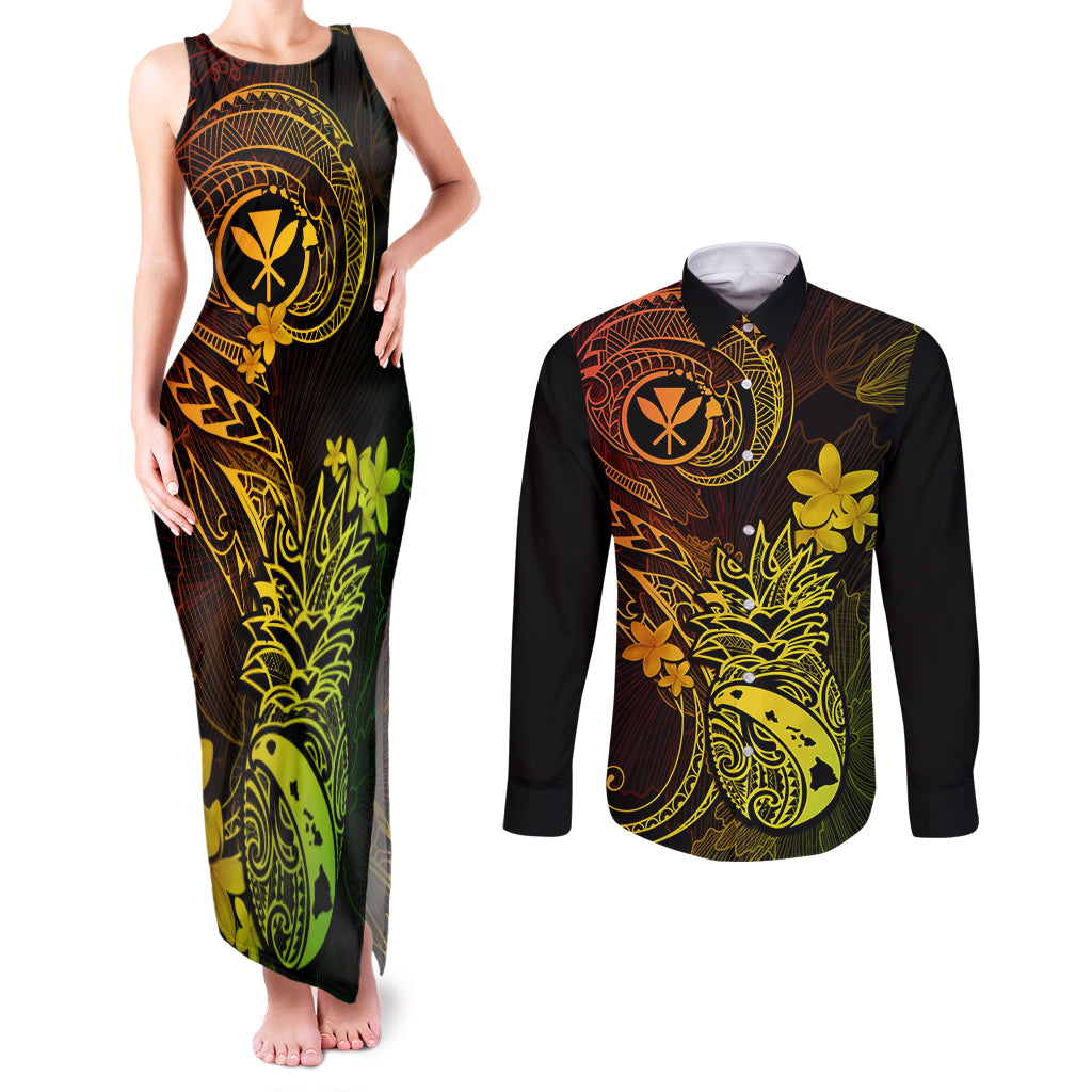 Hawaii Couples Matching Tank Maxi Dress and Long Sleeve Button Shirts Pineapple Mix Polynesian Plumeria Reggae Version - Wonder Print Shop