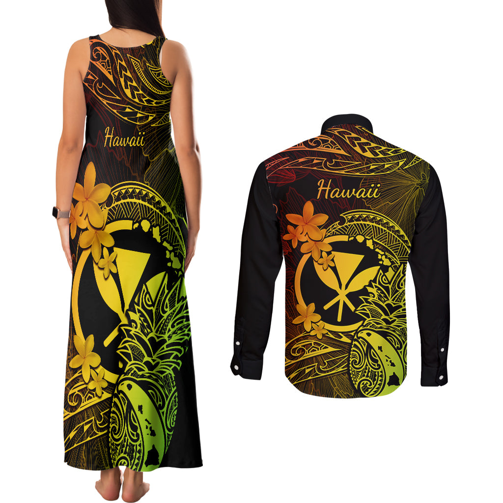 Hawaii Couples Matching Tank Maxi Dress and Long Sleeve Button Shirts Pineapple Mix Polynesian Plumeria Reggae Version - Wonder Print Shop