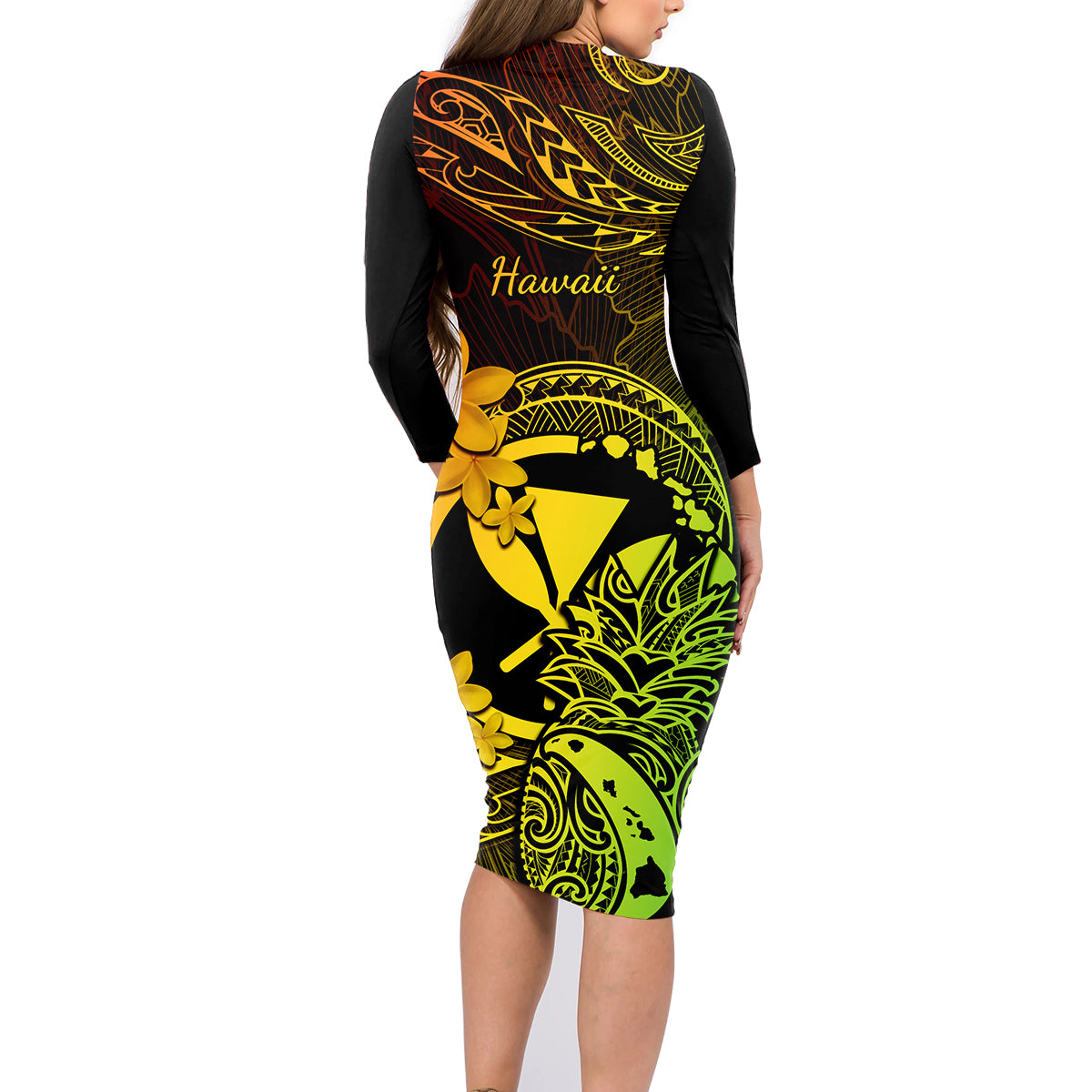 Hawaii Family Matching Long Sleeve Bodycon Dress and Hawaiian Shirt Pineapple Mix Polynesian Plumeria Reggae Version - Wonder Print Shop