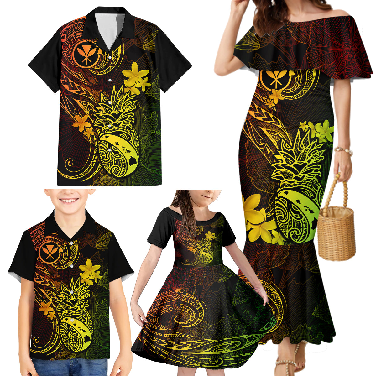 Hawaii Family Matching Mermaid Dress and Hawaiian Shirt Pineapple Mix Polynesian Plumeria Reggae Version - Wonder Print Shop