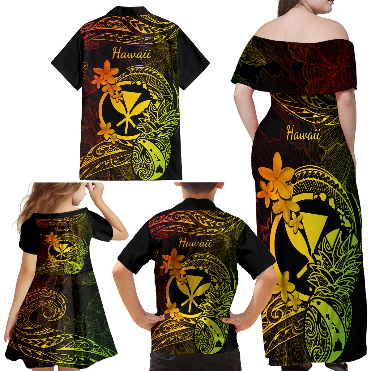 Hawaii Family Matching Off Shoulder Long Sleeve Dress and Hawaiian Shirt Pineapple Mix Polynesian Plumeria Reggae Version - Wonder Print Shop