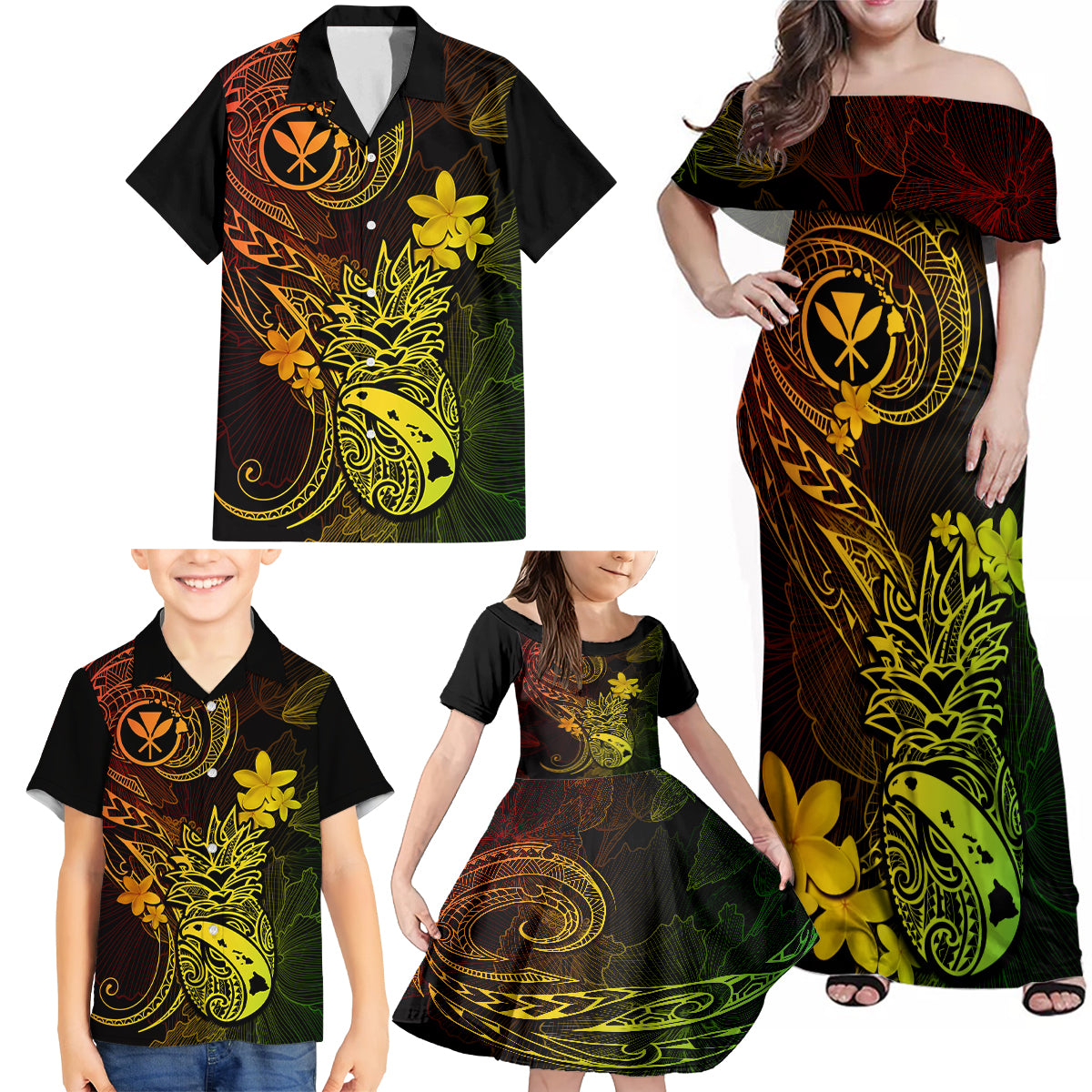 Hawaii Family Matching Off Shoulder Maxi Dress and Hawaiian Shirt Pineapple Mix Polynesian Plumeria Reggae Version - Wonder Print Shop