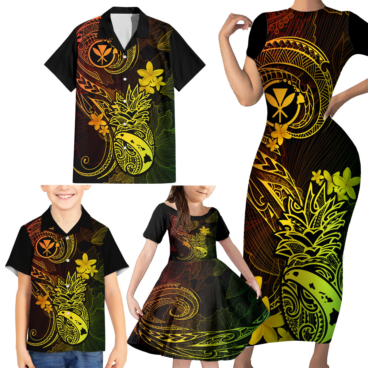 Hawaii Family Matching Short Sleeve Bodycon Dress and Hawaiian Shirt Pineapple Mix Polynesian Plumeria Reggae Version - Wonder Print Shop