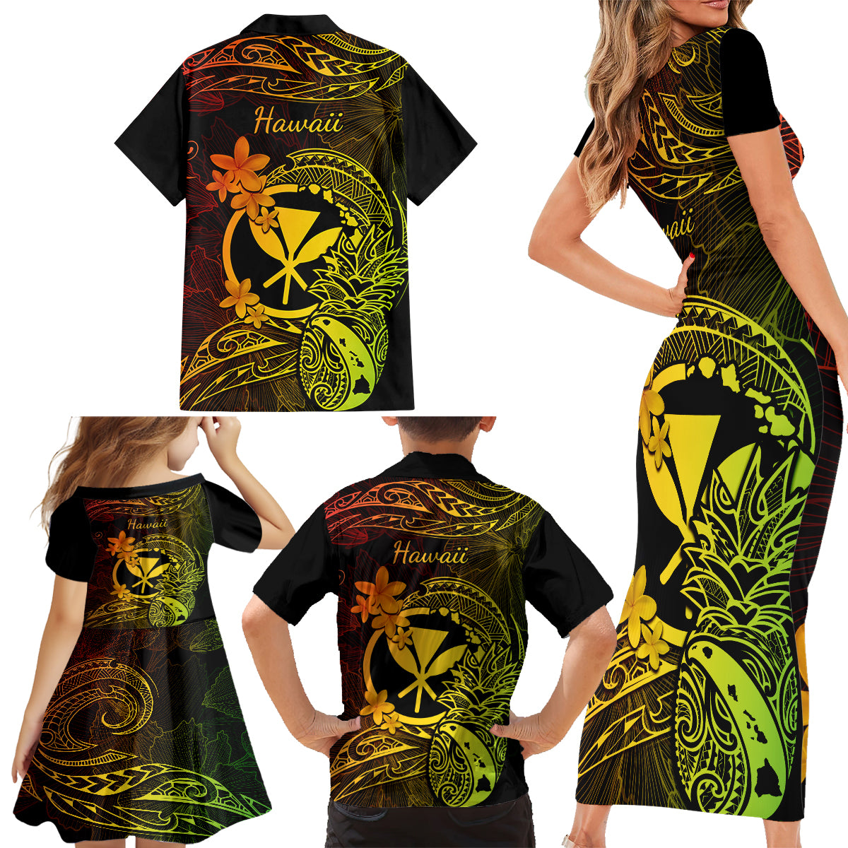 Hawaii Family Matching Short Sleeve Bodycon Dress and Hawaiian Shirt Pineapple Mix Polynesian Plumeria Reggae Version - Wonder Print Shop