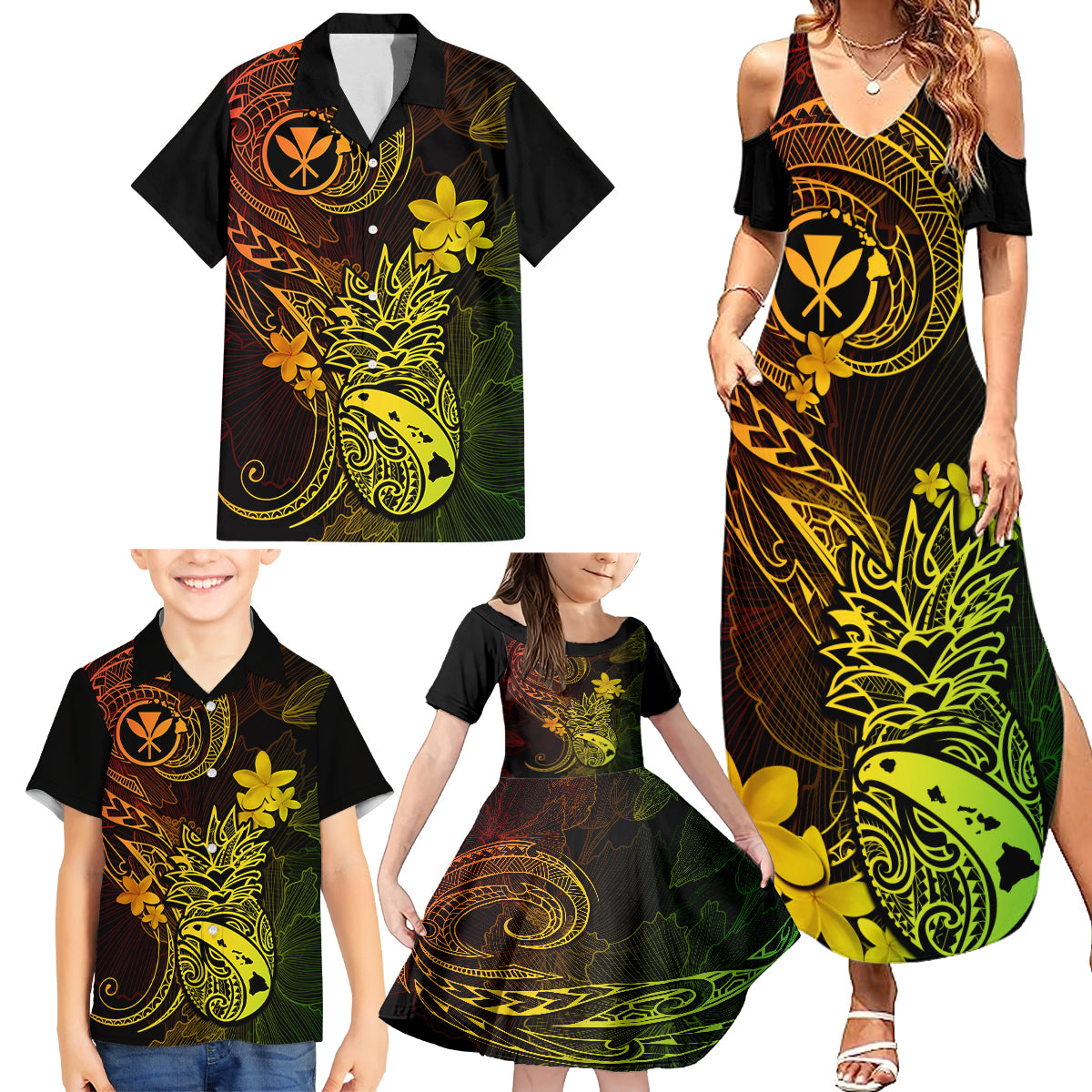 Hawaii Family Matching Summer Maxi Dress and Hawaiian Shirt Pineapple Mix Polynesian Plumeria Reggae Version - Wonder Print Shop