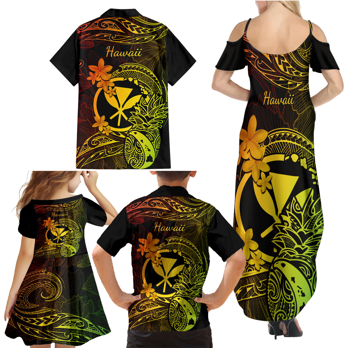 Hawaii Family Matching Summer Maxi Dress and Hawaiian Shirt Pineapple Mix Polynesian Plumeria Reggae Version - Wonder Print Shop