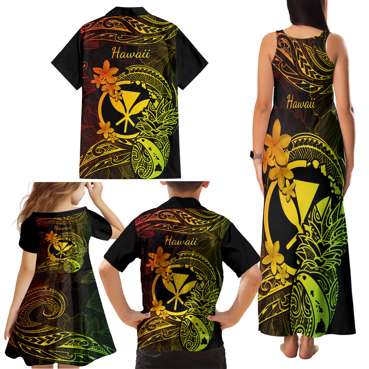 Hawaii Family Matching Tank Maxi Dress and Hawaiian Shirt Pineapple Mix Polynesian Plumeria Reggae Version - Wonder Print Shop