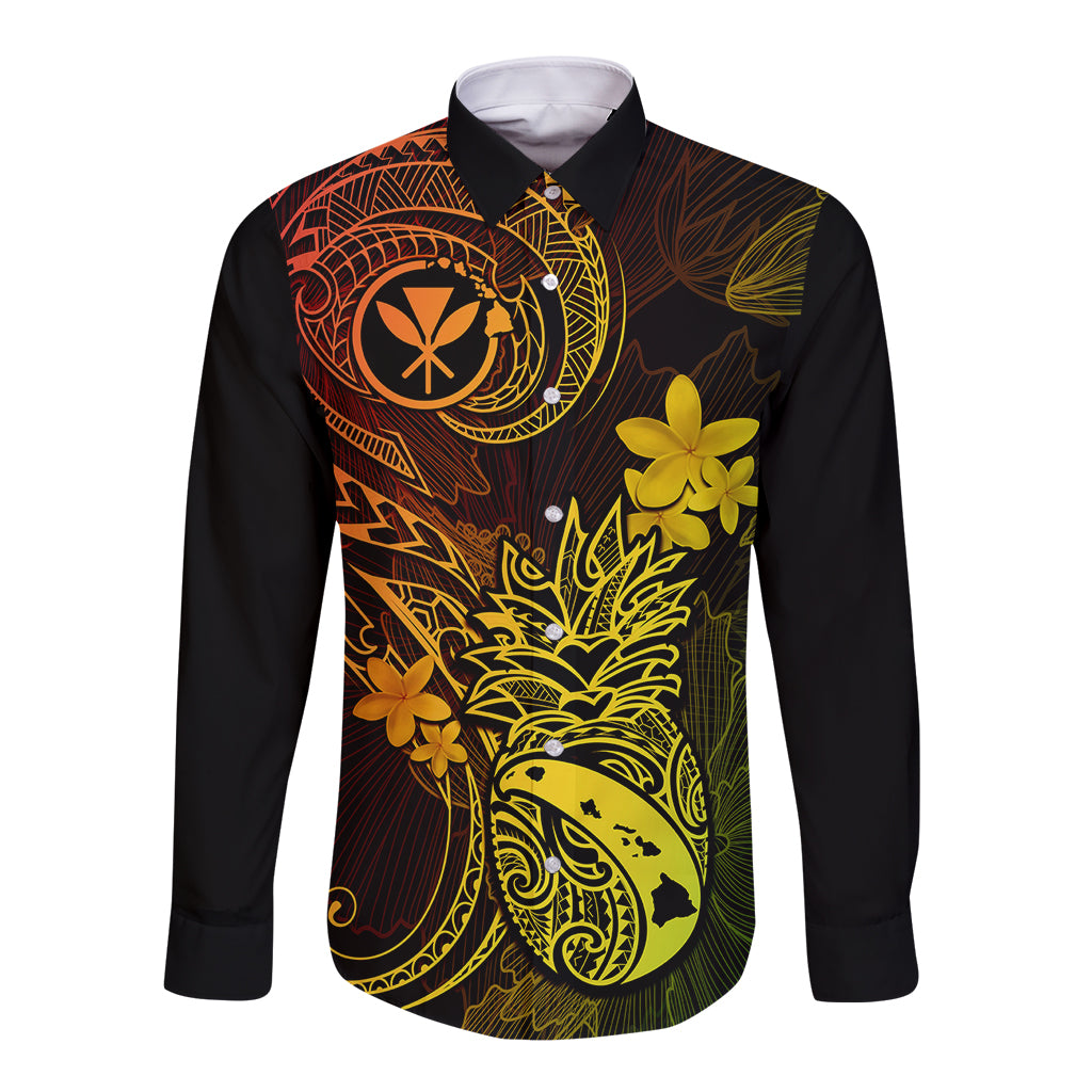 Hawaii Long Sleeve Button Shirt Pineapple Mix Polynesian Plumeria Reggae Version - Wonder Print Shop