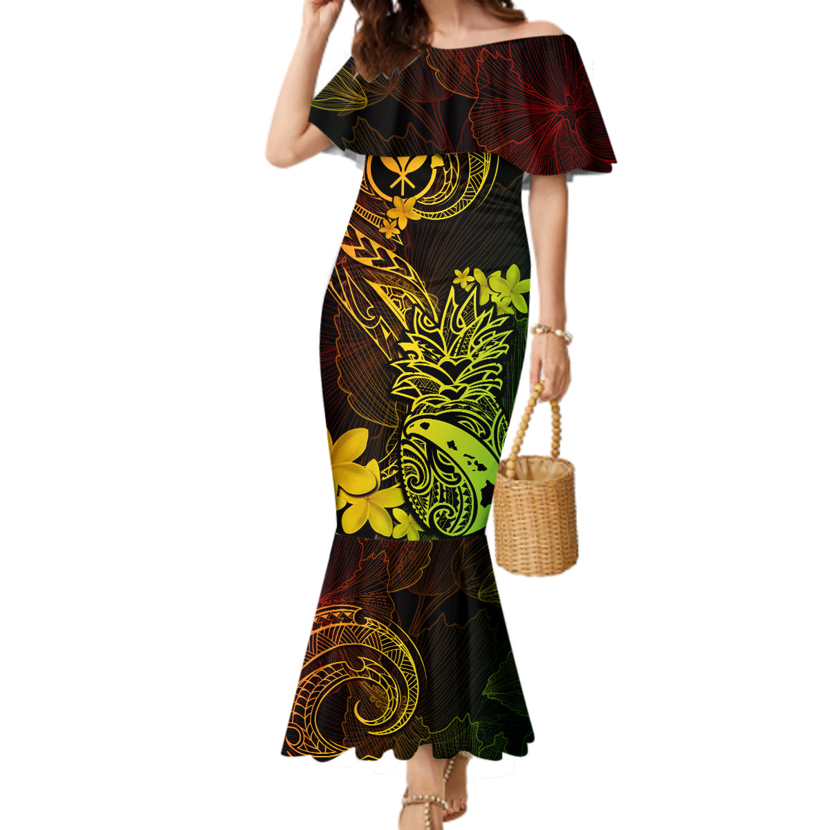 Hawaii Mermaid Dress Pineapple Mix Polynesian Plumeria Reggae Version - Wonder Print Shop