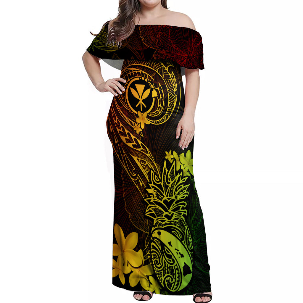 Hawaii Off Shoulder Maxi Dress Pineapple Mix Polynesian Plumeria Reggae Version - Wonder Print Shop
