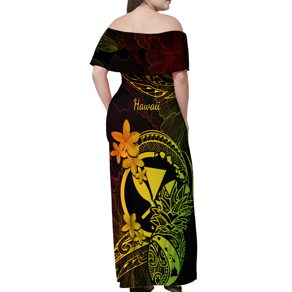 Hawaii Off Shoulder Maxi Dress Pineapple Mix Polynesian Plumeria Reggae Version - Wonder Print Shop