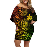 Hawaii Off Shoulder Short Dress Pineapple Mix Polynesian Plumeria Reggae Version - Wonder Print Shop