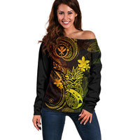 Hawaii Off Shoulder Sweater Pineapple Mix Polynesian Plumeria Reggae Version - Wonder Print Shop