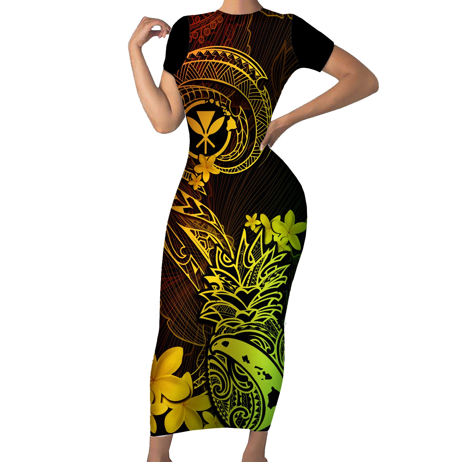 Hawaii Short Sleeve Bodycon Dress Pineapple Mix Polynesian Plumeria Reggae Version - Wonder Print Shop