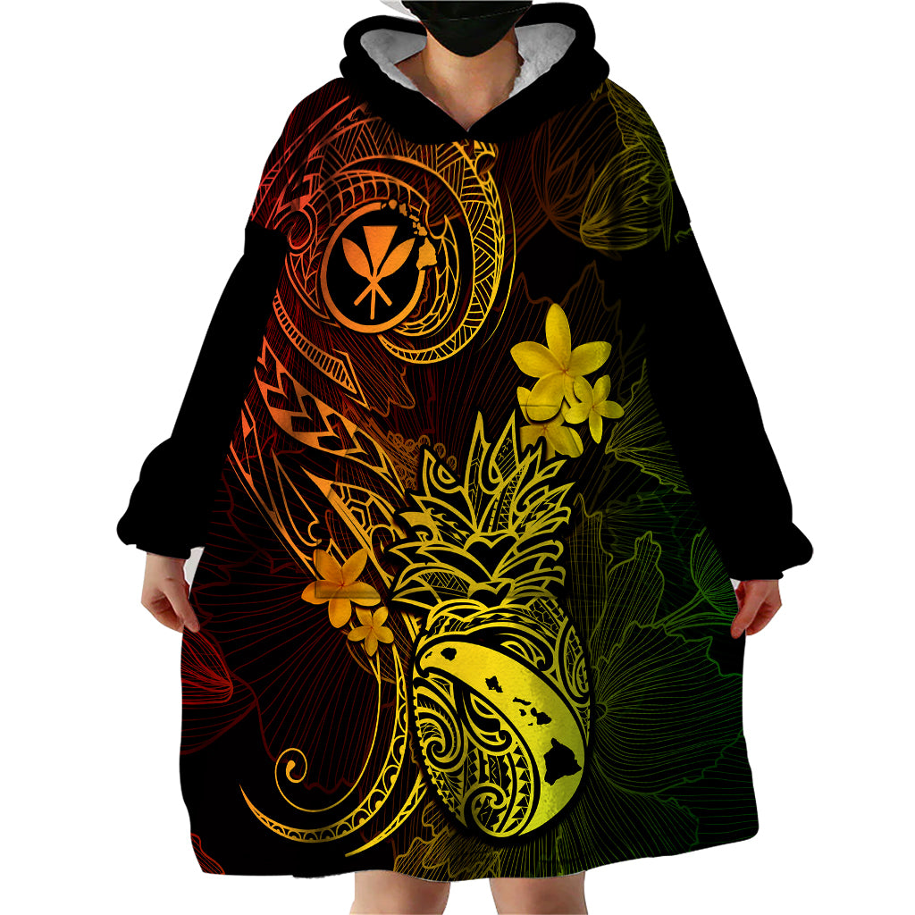 Hawaii Wearable Blanket Hoodie Pineapple Mix Polynesian Plumeria Reggae Version - Wonder Print Shop