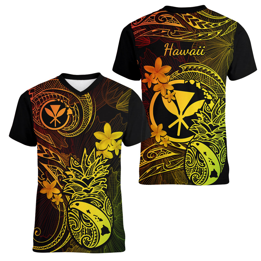 Hawaii Women V Neck T Shirt Pineapple Mix Polynesian Plumeria Reggae Version - Wonder Print Shop
