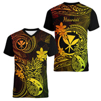 Hawaii Women V Neck T Shirt Pineapple Mix Polynesian Plumeria Reggae Version - Wonder Print Shop