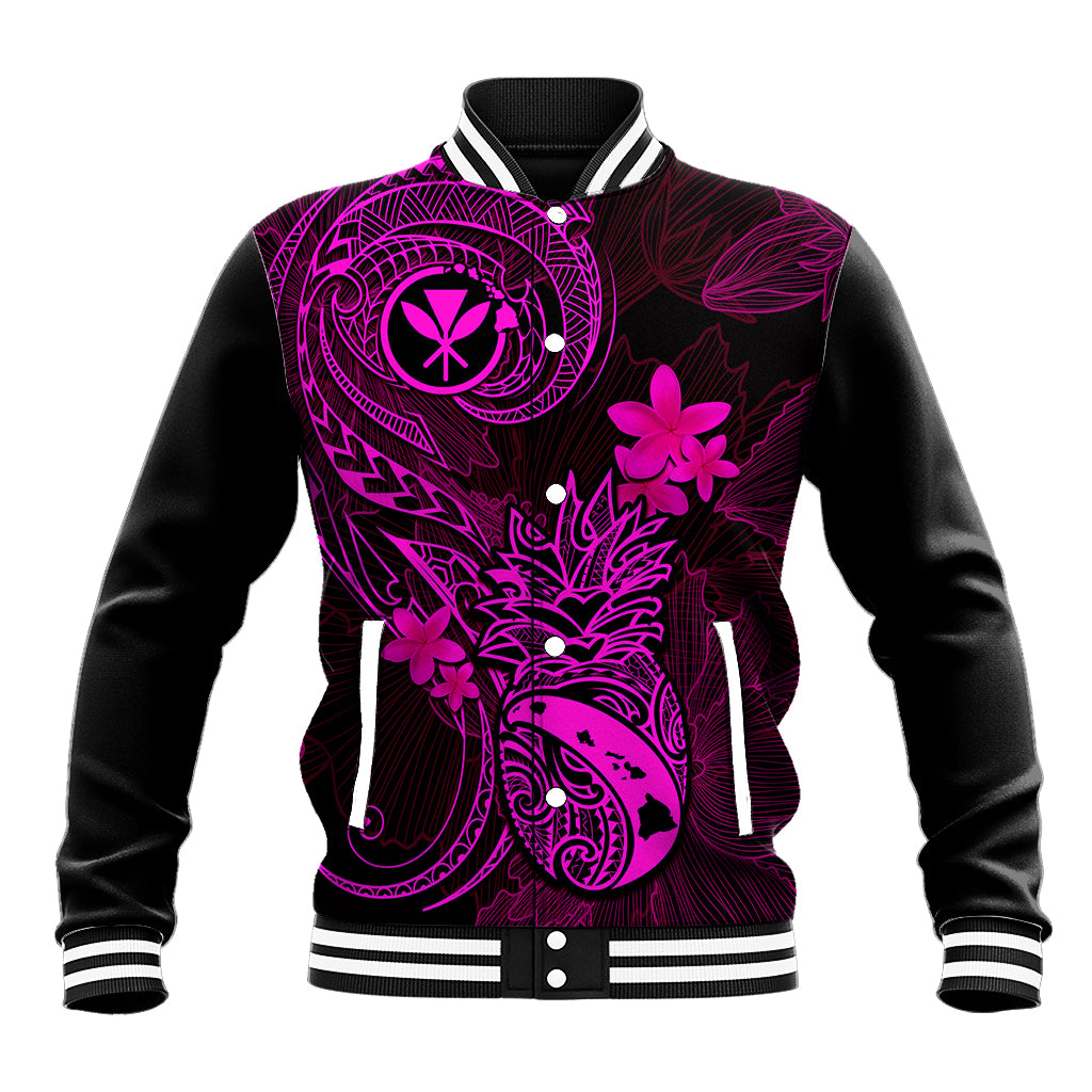 Hawaii Baseball Jacket Pineapple Mix Polynesian Plumeria Pink Version - Wonder Print Shop