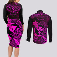 Hawaii Couples Matching Long Sleeve Bodycon Dress and Long Sleeve Button Shirts Pineapple Mix Polynesian Plumeria Pink Version - Wonder Print Shop
