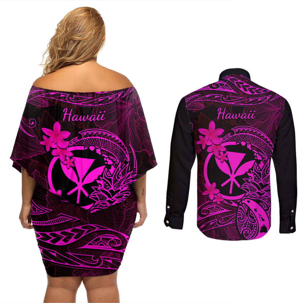 Hawaii Couples Matching Off Shoulder Short Dress and Long Sleeve Button Shirts Pineapple Mix Polynesian Plumeria Pink Version - Wonder Print Shop