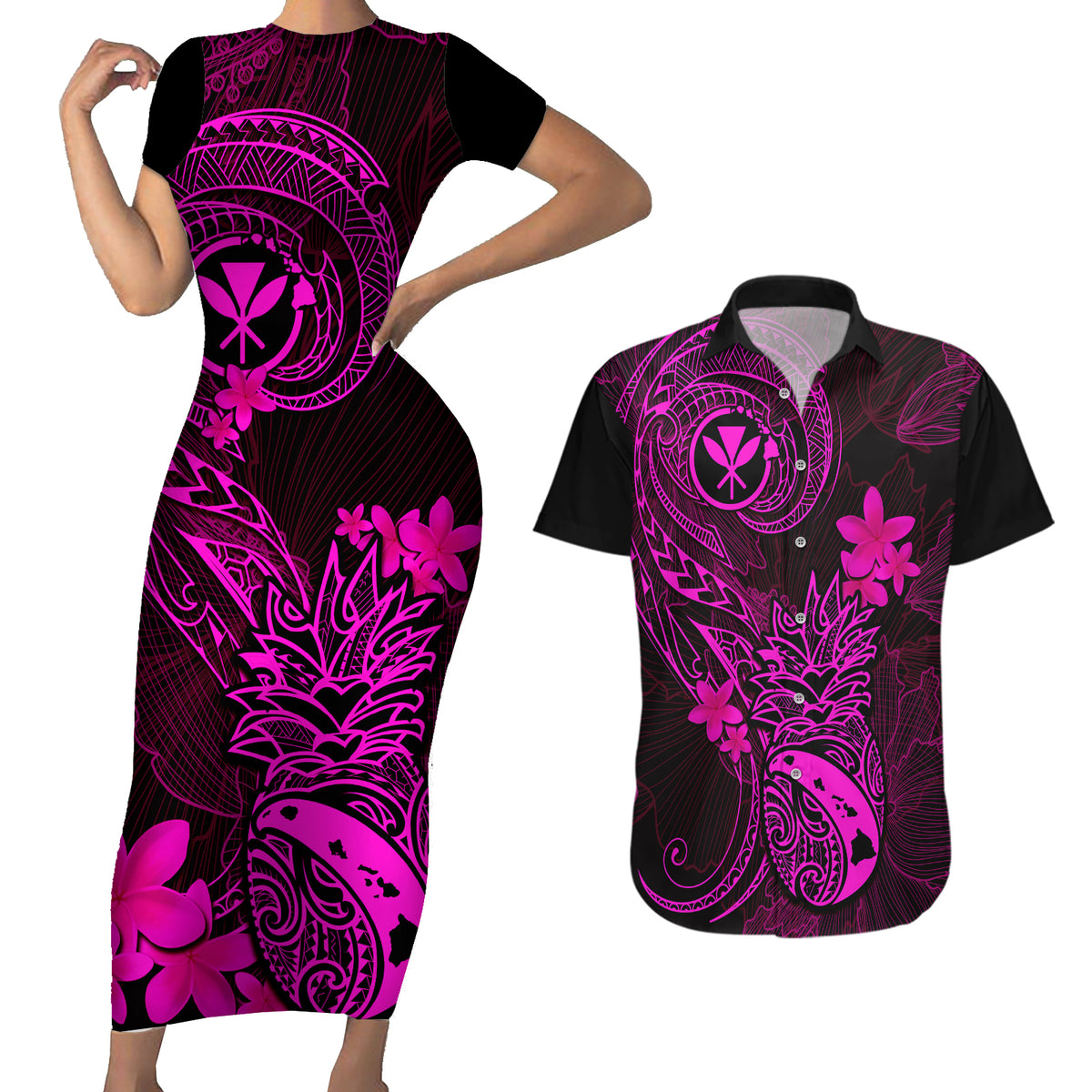 Hawaii Couples Matching Short Sleeve Bodycon Dress and Hawaiian Shirt Pineapple Mix Polynesian Plumeria Pink Version - Wonder Print Shop