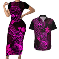 Hawaii Couples Matching Short Sleeve Bodycon Dress and Hawaiian Shirt Pineapple Mix Polynesian Plumeria Pink Version - Wonder Print Shop