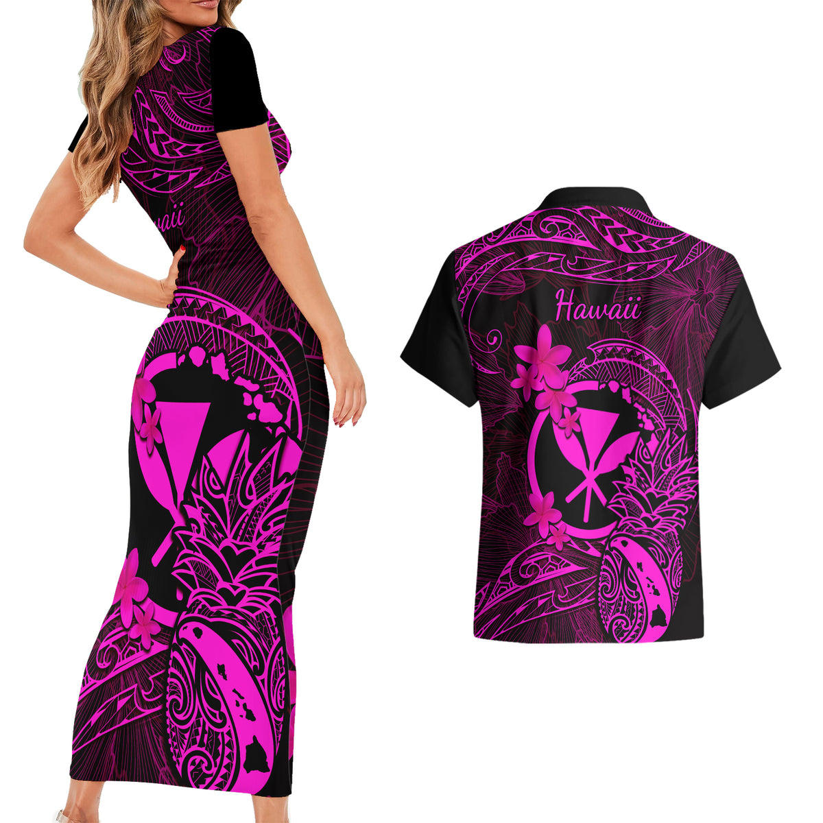 Hawaii Couples Matching Short Sleeve Bodycon Dress and Hawaiian Shirt Pineapple Mix Polynesian Plumeria Pink Version - Wonder Print Shop