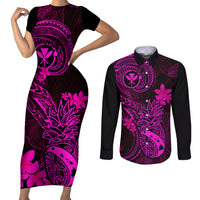 Hawaii Couples Matching Short Sleeve Bodycon Dress and Long Sleeve Button Shirts Pineapple Mix Polynesian Plumeria Pink Version - Wonder Print Shop