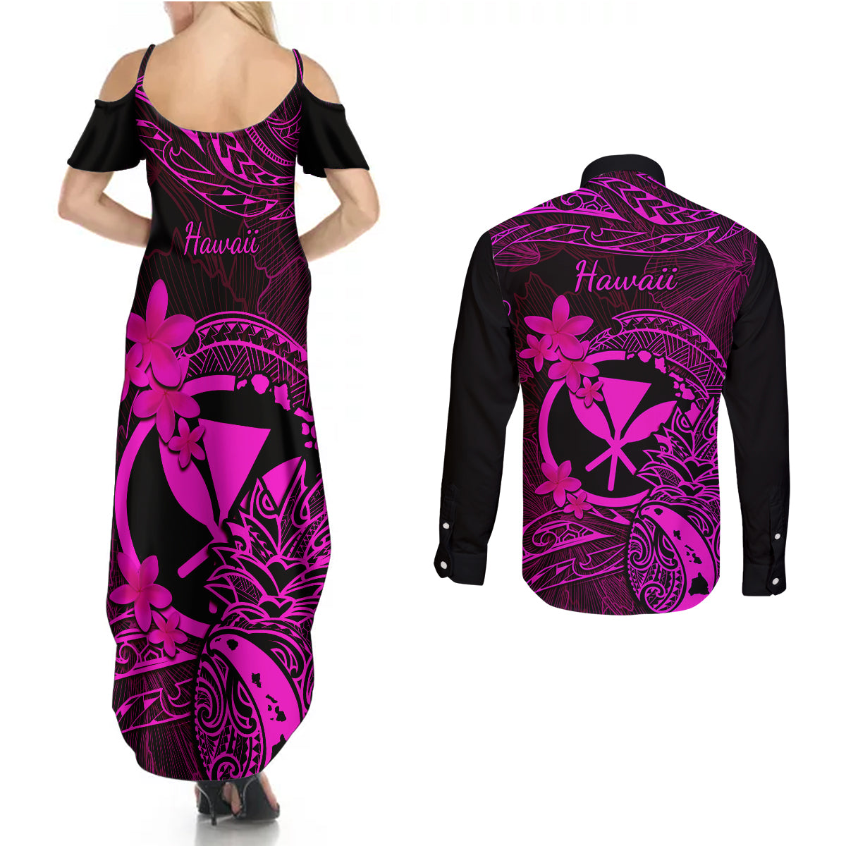 Hawaii Couples Matching Summer Maxi Dress and Long Sleeve Button Shirts Pineapple Mix Polynesian Plumeria Pink Version - Wonder Print Shop