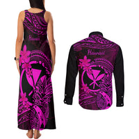 Hawaii Couples Matching Tank Maxi Dress and Long Sleeve Button Shirts Pineapple Mix Polynesian Plumeria Pink Version - Wonder Print Shop