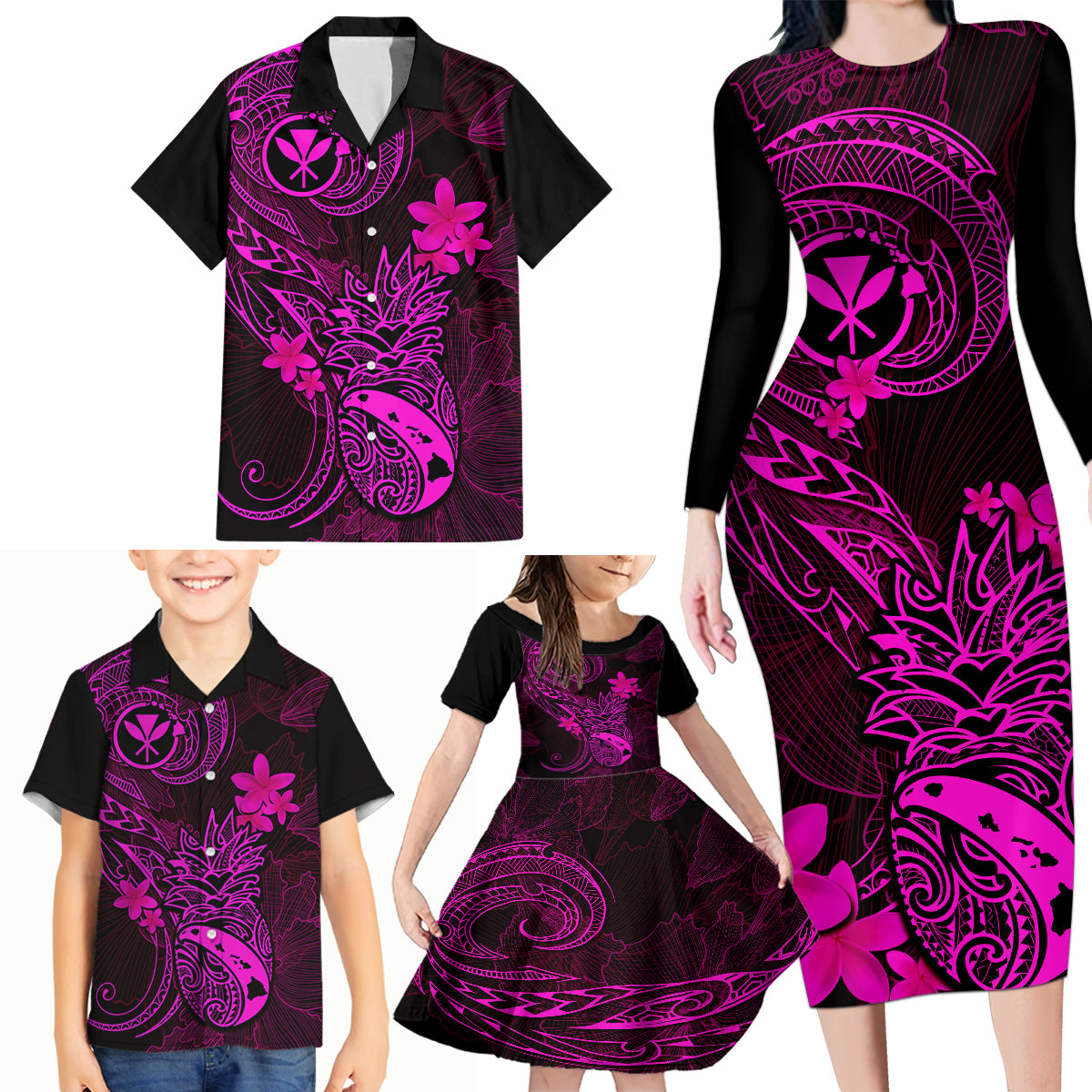Hawaii Family Matching Long Sleeve Bodycon Dress and Hawaiian Shirt Pineapple Mix Polynesian Plumeria Pink Version - Wonder Print Shop