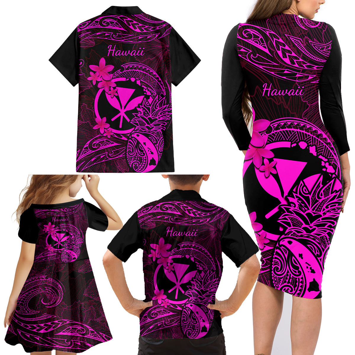 Hawaii Family Matching Long Sleeve Bodycon Dress and Hawaiian Shirt Pineapple Mix Polynesian Plumeria Pink Version - Wonder Print Shop