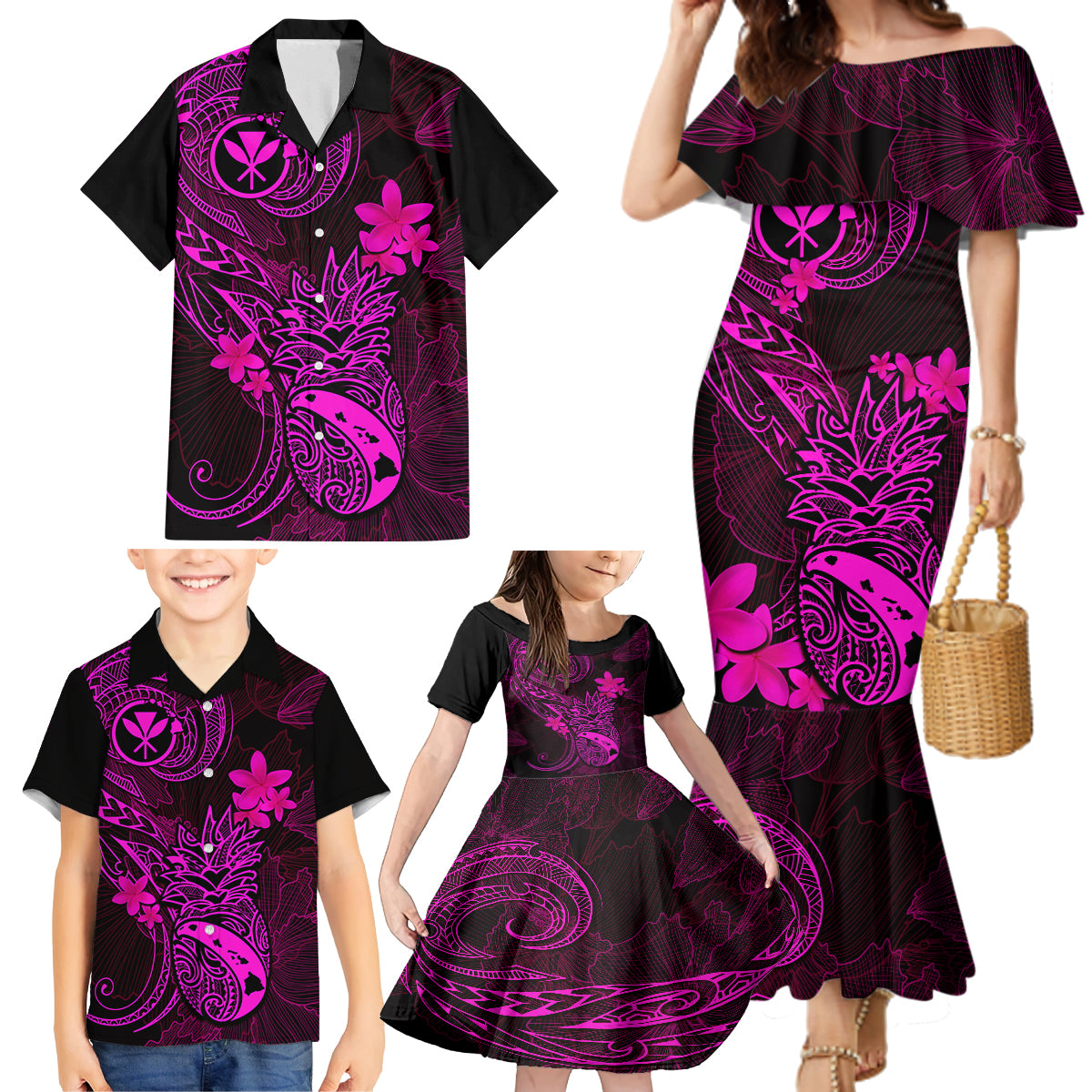 Hawaii Family Matching Mermaid Dress and Hawaiian Shirt Pineapple Mix Polynesian Plumeria Pink Version - Wonder Print Shop