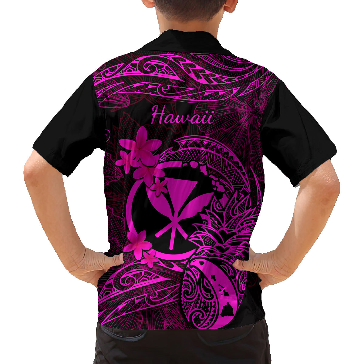 Hawaii Family Matching Off Shoulder Long Sleeve Dress and Hawaiian Shirt Pineapple Mix Polynesian Plumeria Pink Version - Wonder Print Shop