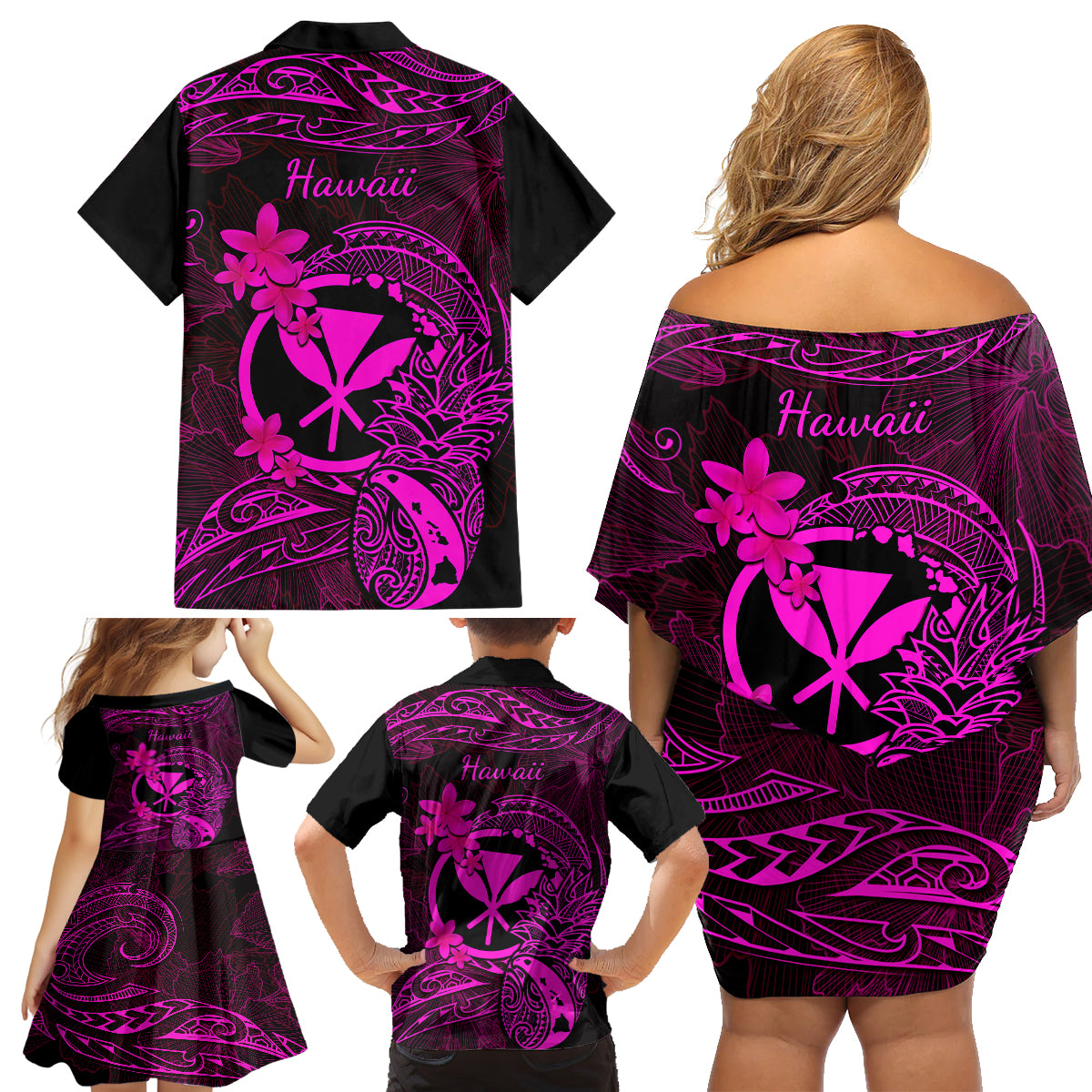 Hawaii Family Matching Off Shoulder Short Dress and Hawaiian Shirt Pineapple Mix Polynesian Plumeria Pink Version - Wonder Print Shop